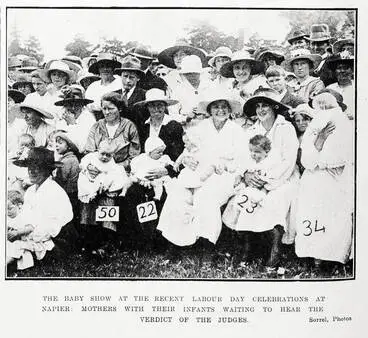 The baby show at the recent Labour Day celebrations at Napier: mothers with their infants waiting to hear the verdict of the judges Image: The baby show at the recent Labour Day celebrations at Napier: mothers with their infants waiting to hear the verdict of the judges
