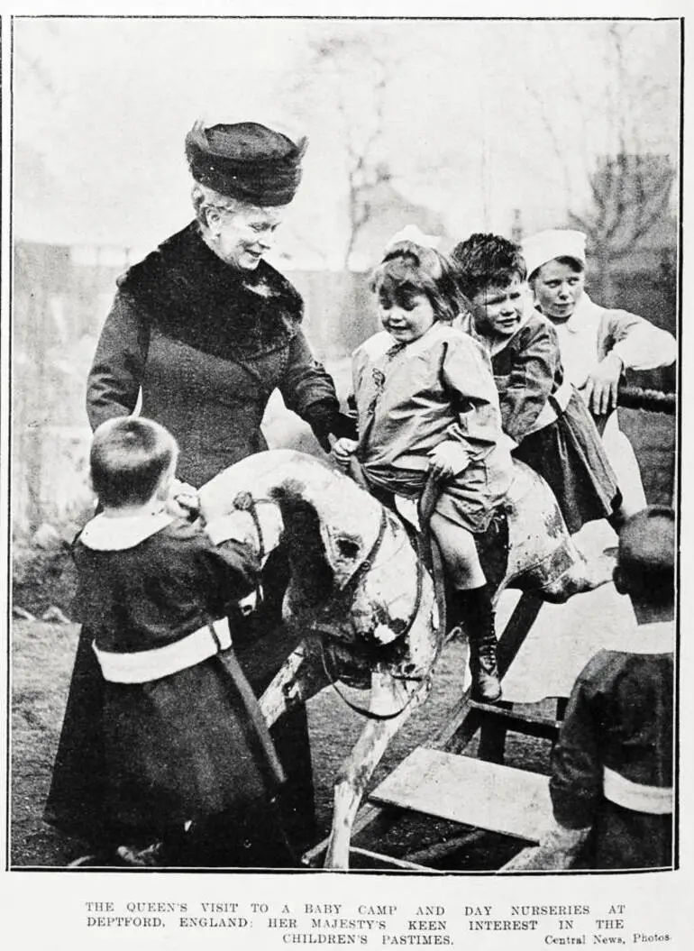 Image: The Queen's visit to a baby camp and day nurseries at Deptford, England: Her Majesty's keen interest in the children's pastimes
