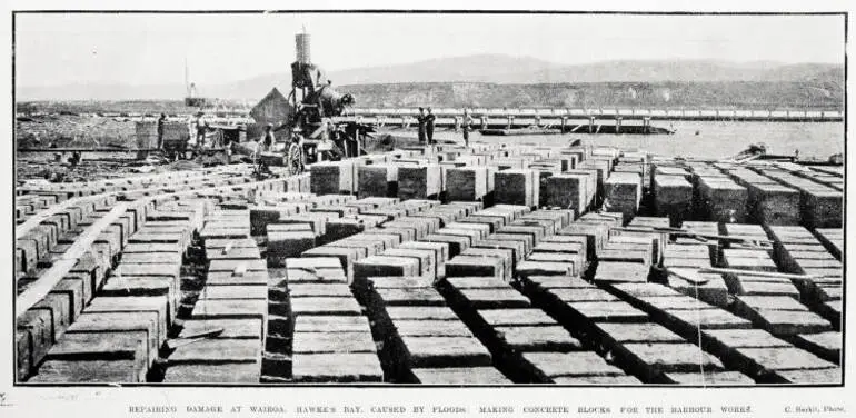 Image: Repairing damage at Wairoa, Hawke's Bay, caused by floods: making concrete blocks for the harbour works