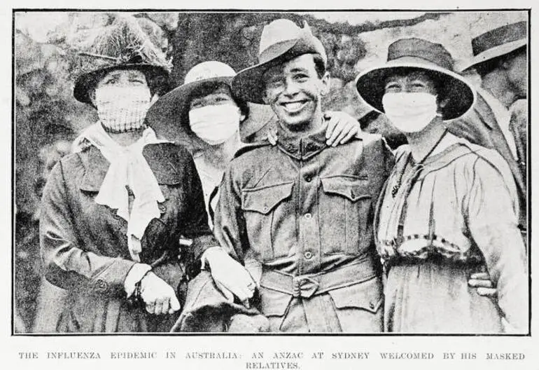 Image: The influenza epidemic in Australia: an Anzac at Sydney welcomed by his masked relatives