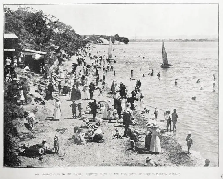 Image: The holiday call to the seaside: animated scene on the fine beach at Point Chevalier, Auckland