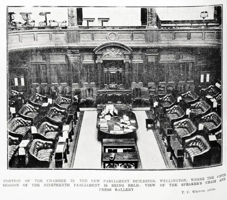 Image: Portion of the chamber in the new Parliament Buildings, Wellington, where the fifth session of the Nineteenth Parliament is being held