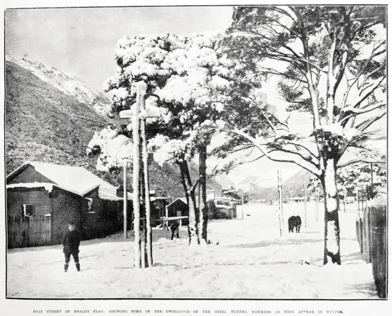 Image: Main street of Bealey Flat, showing some of the dwellings of the Otira Tunnel workers as they appear in winter