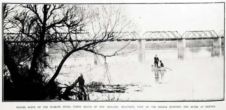 Image: Winter scene on the Waikato River, North Island of New Zealand: beautiful view of the bridge spanning the river at Huntly