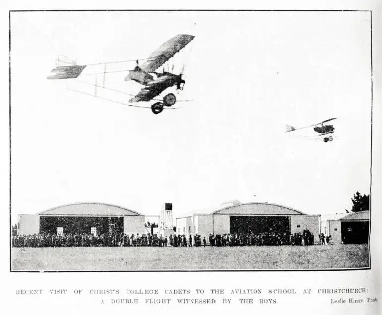 Image: Recent visit of Christ's College cadets to the aviation school at Christchurch: a double flight witnessed by the boys