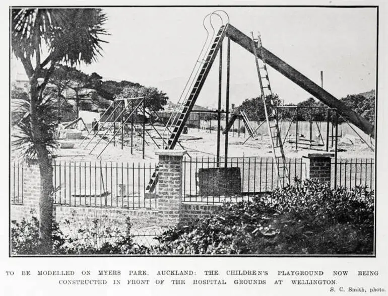 Image: To be modelled on Myers Park, Auckland: the children's playground now being constructed in front of the hospital grounds at Wellington