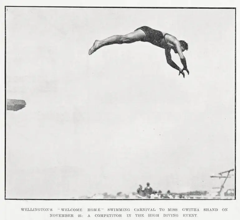 Image: Wellington's 'Welcome Home' swimming carnival for Miss Gwitha Shand on November 25: a competitor in the high diving event