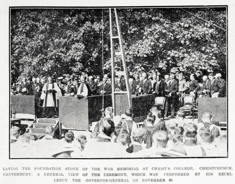 Image: Laying the foundation stone of the war memorial at Christ's College, Christchurch, Canterbury