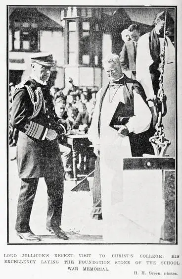 Lord Jellicoe's recent visit to Christ's College: His Excellency laying the foundation stone of the school war memorial Image: Lord Jellicoe's recent visit to Christ's College: His Excellency laying the foundation stone of the school war memorial
