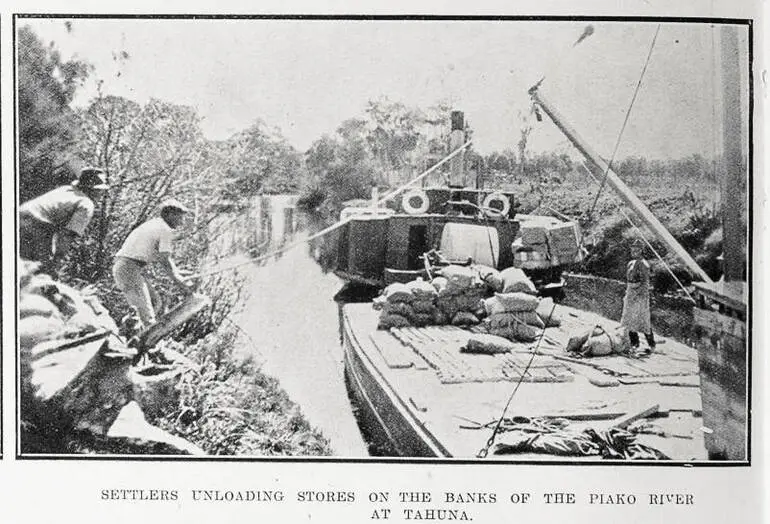 Image: Settlers unloading stores on the banks of the Piako River at Tahuna