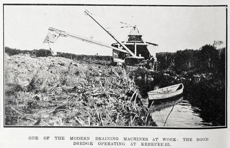 Image: One of the modern draining machines at work: the rood dredge operating at Kerepeehi