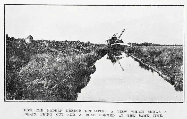 Image: How the modern dredge operates: a view which shows a drain being cut and a road formed at the same time