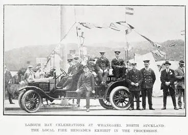 Image: Labour Day celebrations at Whangarei, North Auckland: the local fire brigade's exhibit in the procession