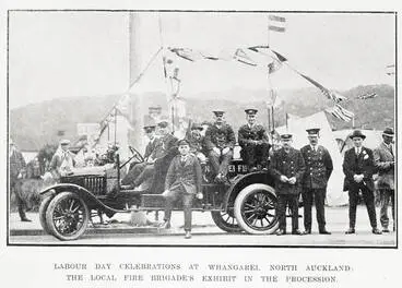 Labour Day celebrations at Whangarei, North Auckland: the local fire brigade's exhibit in the procession Image: Labour Day celebrations at Whangarei, North Auckland: the local fire brigade's exhibit in the procession
