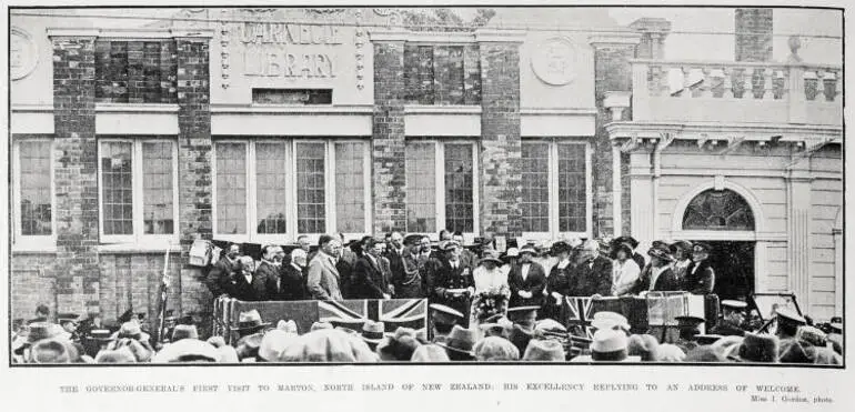 Image: The Governor General's first visit to Marton, North Island of New Zealand: His Excellency replying to an address of welcome