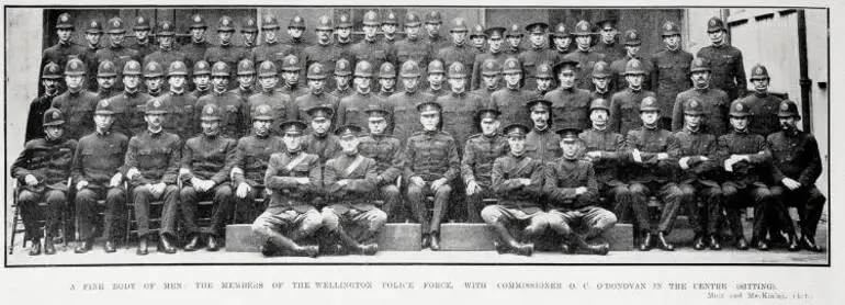 Image: A fine body of men: the members of the Wellington Police Force, with commissioner O. C. O'Donovan in the centre (sitting)