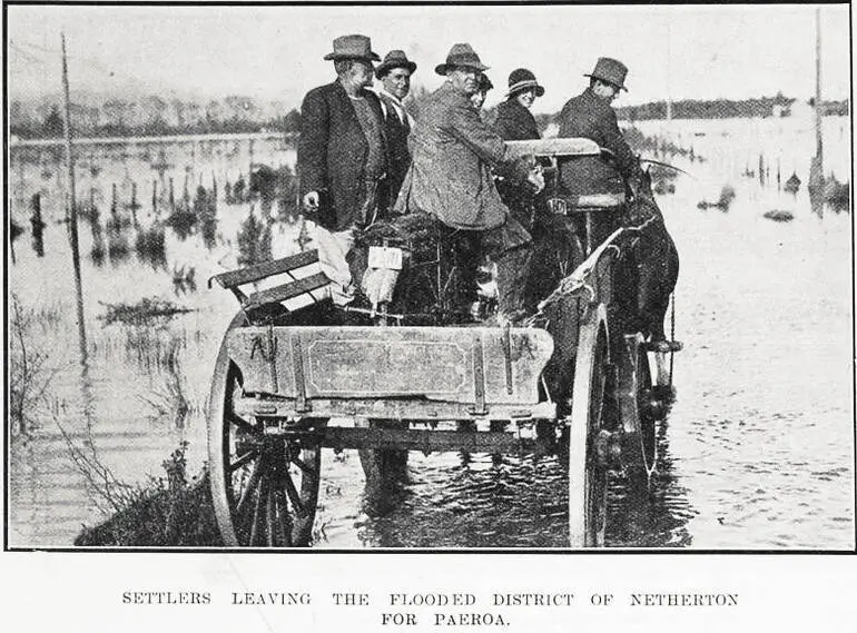 Image: Settlers leaving the flooded district of Netherton for Paeroa
