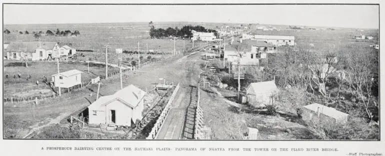 Image: A Prosperous Dairying Centre on the Hauraki Plains: Panorama of Ngatea from the Tower on the Piako River Bridge