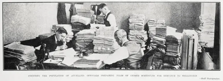 Image: Counting The Population of Auckland: Officials Preparing Piles of Census Schedules For Despatch To Wellington