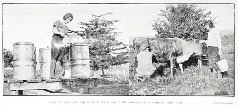 Image: Doing A Man's Job and Doing It Well: Happy Girl Workers on A Waikato Dairy Farm