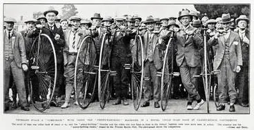Image: Veterans stage a come-back with their old 'penny-farthing' machines in a novel cycle road at Christchurch, Canterbury