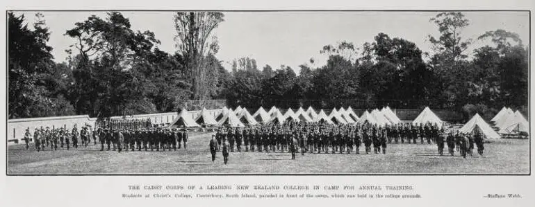 Image: The cadet corps of a leading New Zealand college in camp for annual training