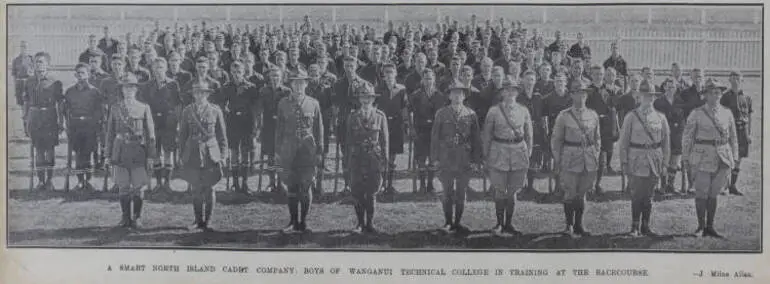 Image: A smart North Island cadet company: boys of the Wanganui Technical College in training at the racecourse