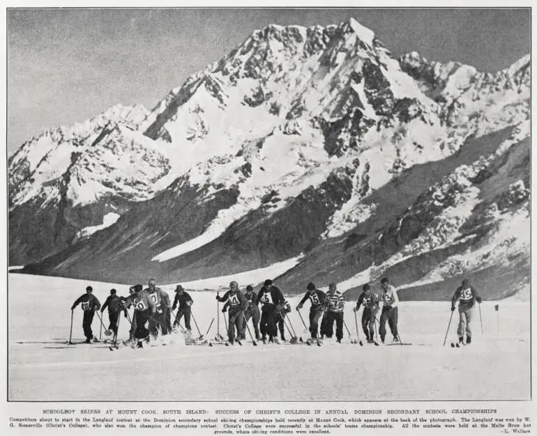 Image: Schoolboy skiers at Mount Cook, South Island: success of Christ's College in annual Dominion secondary school championships