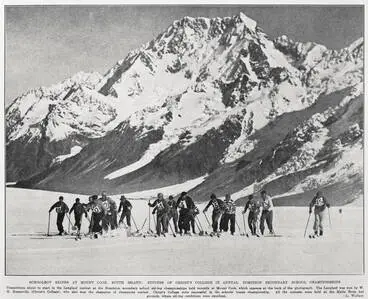 Schoolboy skiers at Mount Cook, South Island: success of Christ's College in annual Dominion secondary school championships Image: Schoolboy skiers at Mount Cook, South Island: success of Christ's College in annual Dominion secondary school championships
