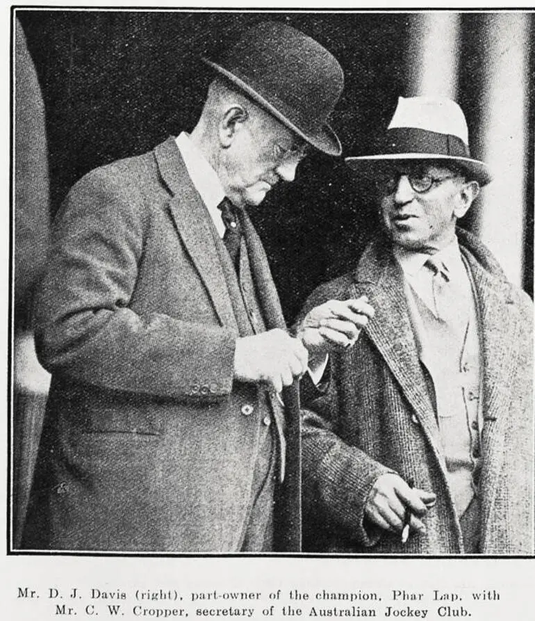 Image: Mr. D. J. Davis (right), part-owner of the champion, Phar Lap, with Mr. C. W. Cropper, secretary of the Australian Jockey Club