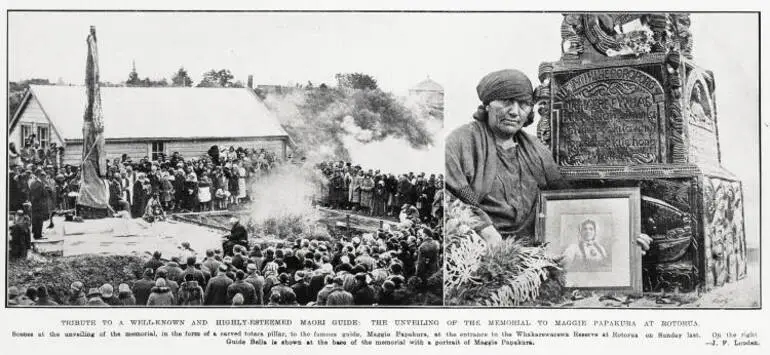 Image: Tribute to a well-known and highly-esteemed Māori guide: the unveiling of the memorial to Maggie Papakura at Rotorua