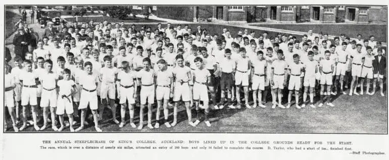 Image: The annual steeplechase of King's College, Auckland: boys lined up in the College grounds ready for the start