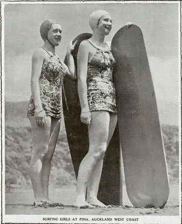 Image: Surfing girls at Piha, Auckland west coast