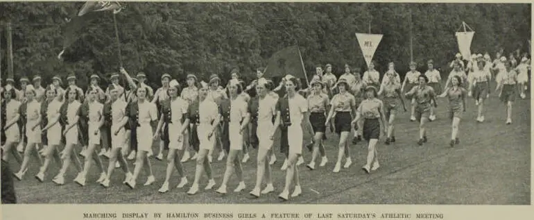 Image: Marching display by Hamilton business girls a feature of last Saturday's athletic meeting