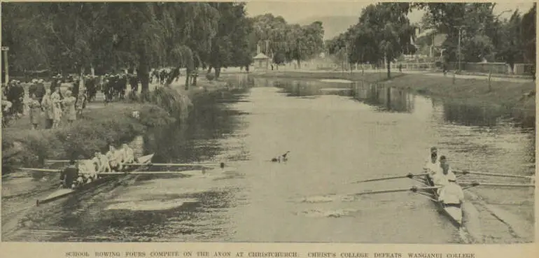 Image: School rowing fours compete on the Avon at Christchurch: Christ's College defeats Wanganui College