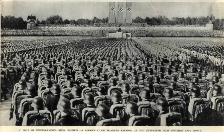 Image: A vista of densely-packed steel helmets as German storm troopers paraded at the Nuremberg nazi congress last month