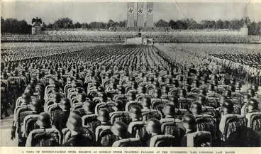 Image: A vista of densely-packed steel helmets as German storm troopers paraded at the Nuremberg nazi congress last month
