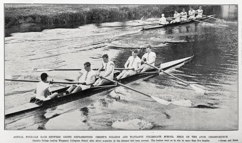 Image: Annual four-oar race between crews representing Christ's College and Wanganui Collegiate School held on the Avon, Christchurch