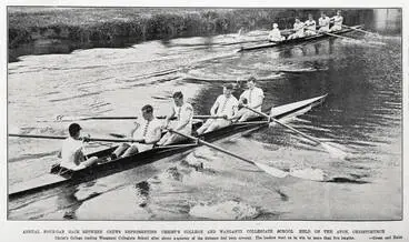 Annual four-oar race between crews representing Christ's College and Wanganui Collegiate School held on the Avon, Christchurch Image: Annual four-oar race between crews representing Christ's College and Wanganui Collegiate School held on the Avon, Christchurch