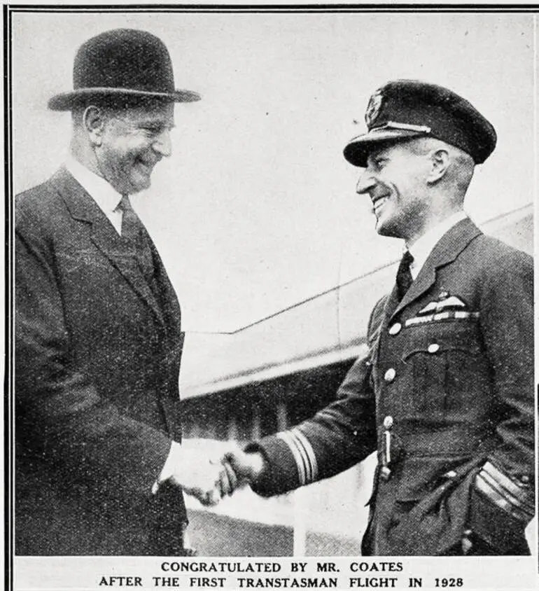 Image: Sir Charles Kingsford Smith congratulated by Mr. Coates after the first trans-Tasman flight in 1928