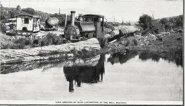 Logs arriving by bush locomotive at the mill, Ruatapu Image: Logs arriving by bush locomotive at the mill, Ruatapu