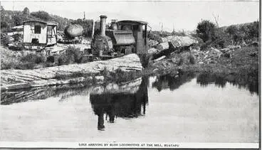 Image: Logs arriving by bush locomotive at the mill, Ruatapu