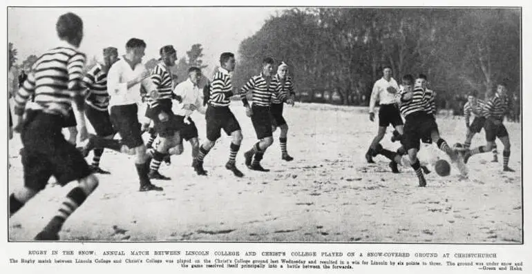 Image: Rugby in the snow: annual match between Lincoln College and Christ's College played on a snow-covered ground at Christchurch