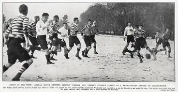 Rugby in the snow: annual match between Lincoln College and Christ's College played on a snow-covered ground at Christchurch Image: Rugby in the snow: annual match between Lincoln College and Christ's College played on a snow-covered ground at Christchurch