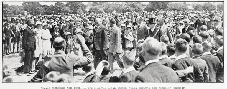 Image: Timaru welcomes the Duke: a scene as the Royal Visitor passed through the lines of children