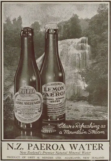 Image: N. Z. PAEROA WATER New Zealand's Premier Natural Mineral Water PRODUCT OF GREY & MENZIES LTD. AUCKLAND. NEW ZEALAND