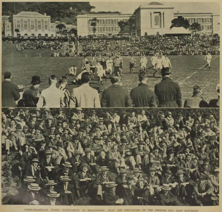 Image: Inter-collegiate rugby tournament at Wellington: play and spectators on the opening day last Saturday