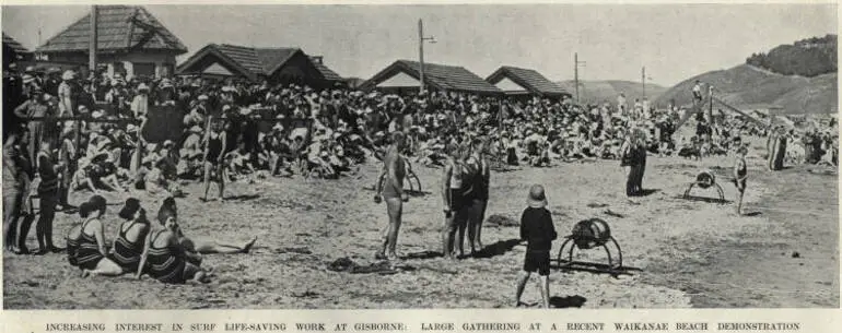 Image: Increasing interest in surf life-saving work at Gisborne: large gathering at a recent Waikanae Beach demonstration