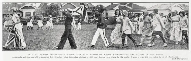 Image: Fete at Kowhai Intermediate School, Auckland: parade of pupils representing the nations of the world