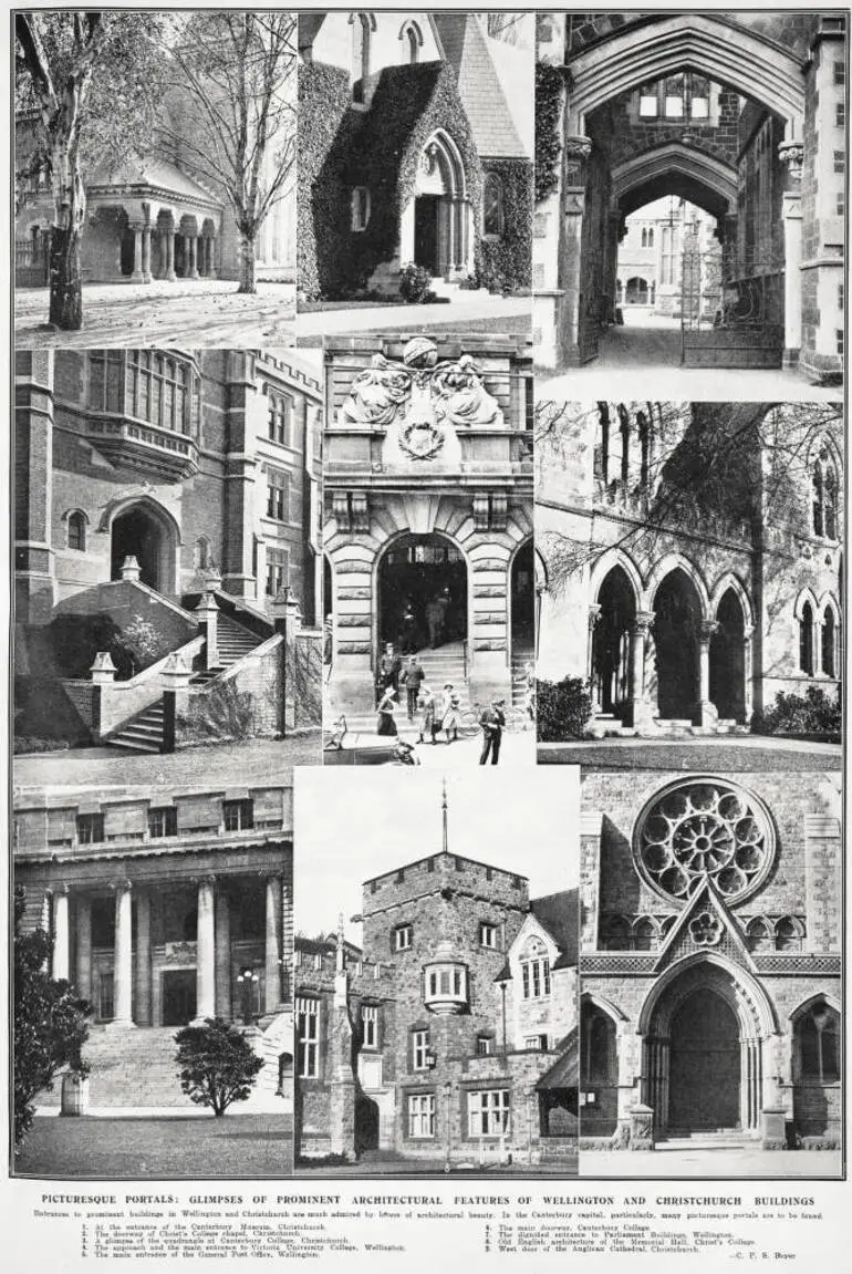 Image: Picturesque portals: glimpses of prominent architectural features of Wellington and Christchurch buildings